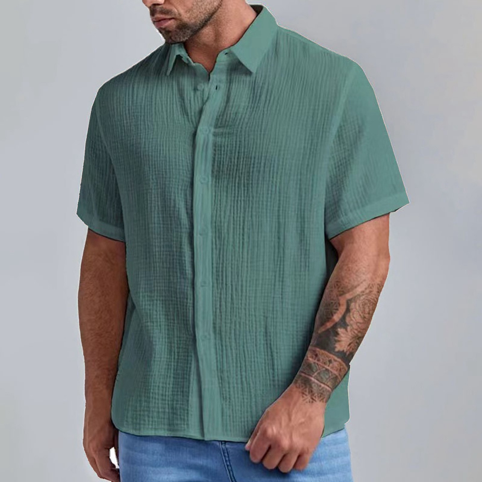 thumbnail image 3 of Camisa de manga corta con cuello cubano para hombre - Camisa informal con botones para bodas en la playa - Ropa de verano, 3 of 5